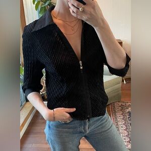 Vintage Black Textured Semi Sheer Zip-Up Top